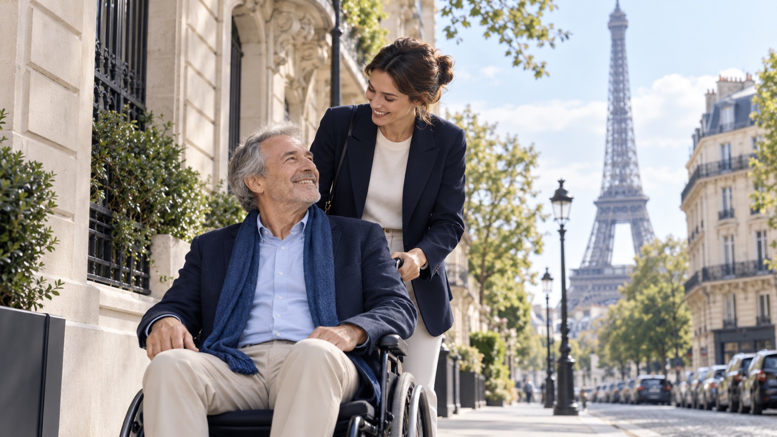 Wheelchair user with a companion in Paris near the Eiffel Tower