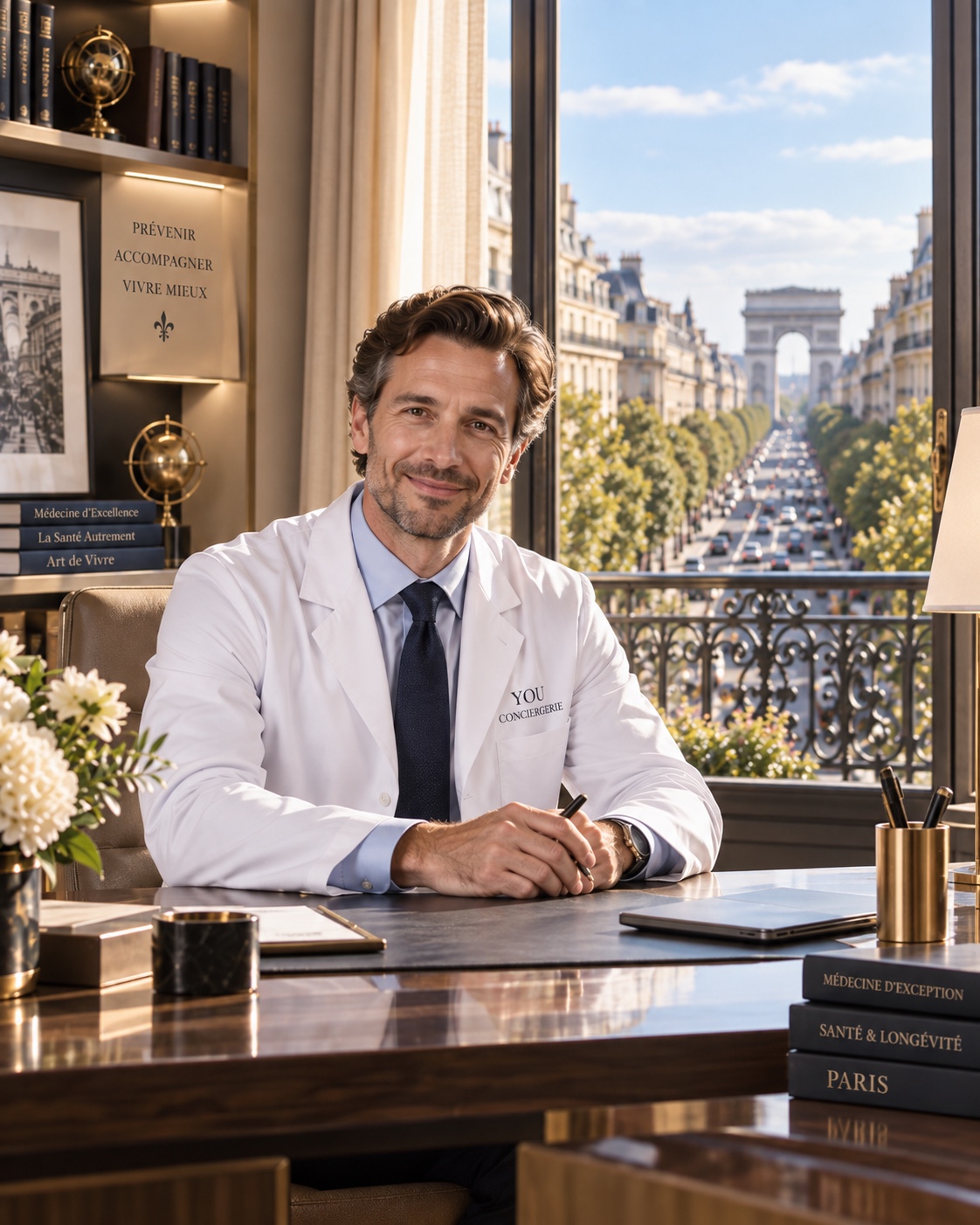 Doctor in a Paris office overlooking the Champs-Élysées