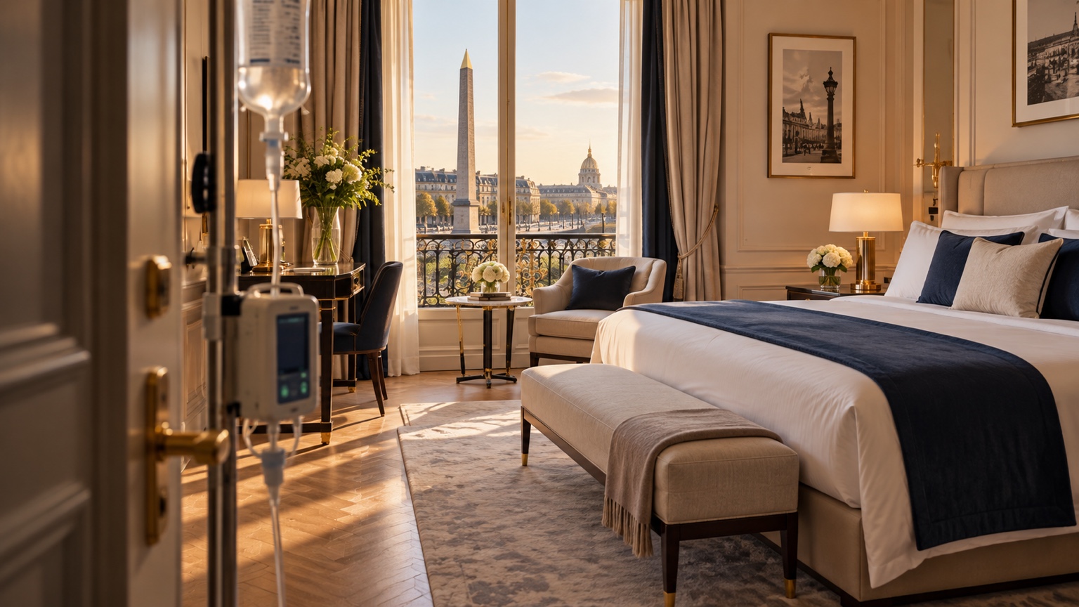 Luxury Paris hotel room arranged for a medically supported stay
